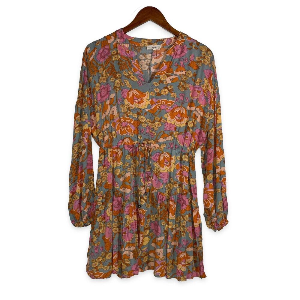 Entro Floral Mini Dress Boho Long Sleeve Tie Waist 70s Festival Retro S